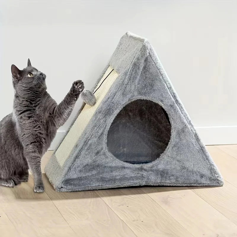 Bed suitable for cats under 15 pounds with plush toy ball and scratching board
