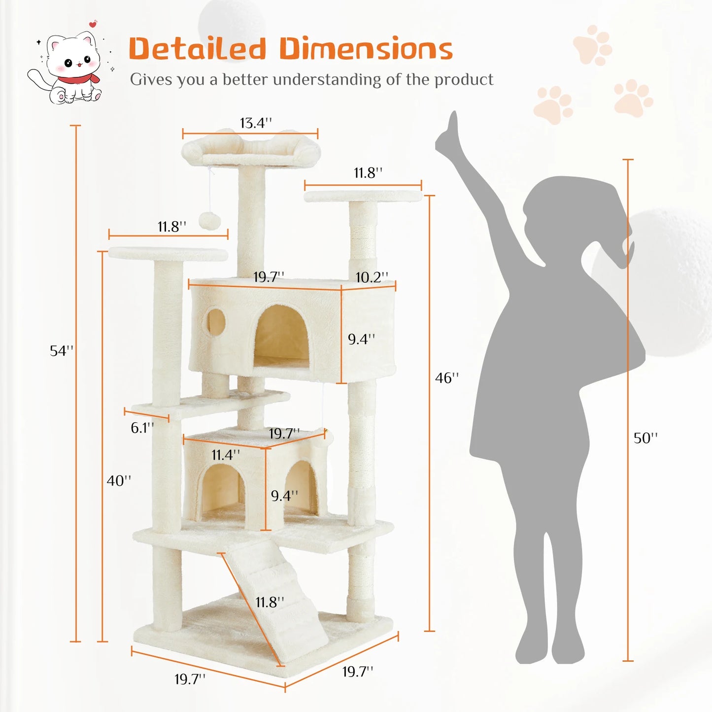 54in Tall Multi-Level Cat Tree Tower w/ Scratching Post