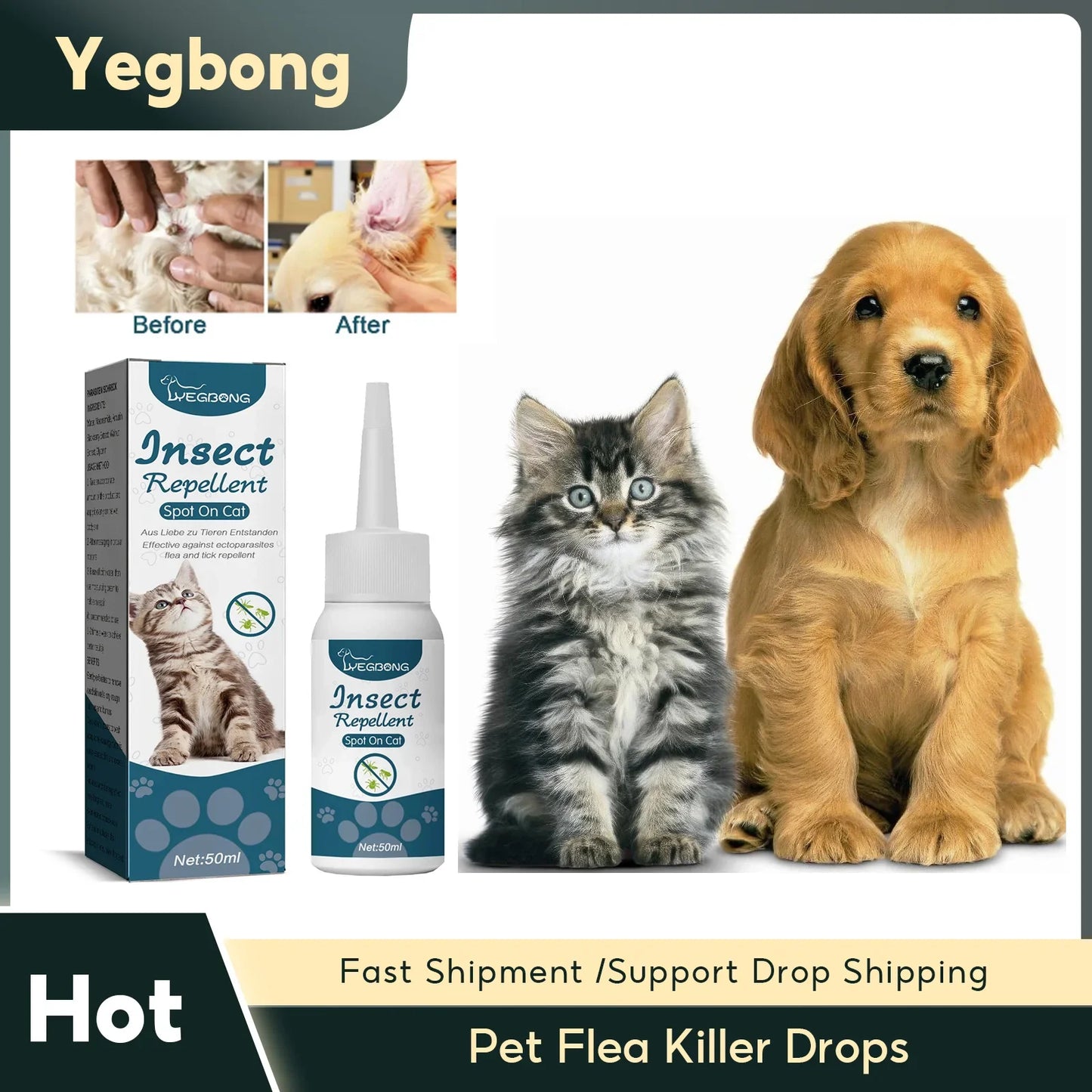 Pet Flea Killer, Anti Fleas, Ticks, Lice, Mite Removal. Relieve Itching, Ringworm Treatment Pet Insect Removal Drops