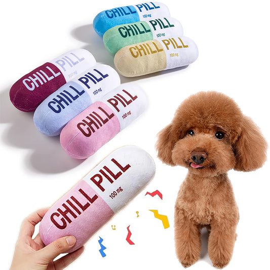 Interactive Plush Pill-Shaped Toy with Squeaker Pet Play and Dental Health