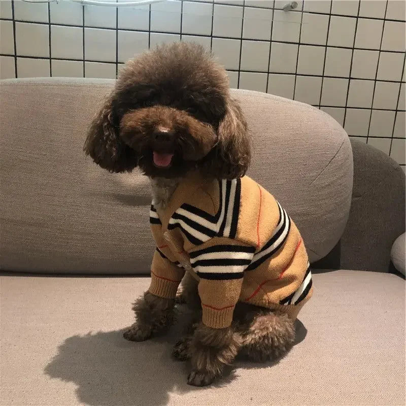 Brown Striped Cardigan for Pet, Knitted Sweater, Teddy, Puppy, Kitten, Fall, Winter