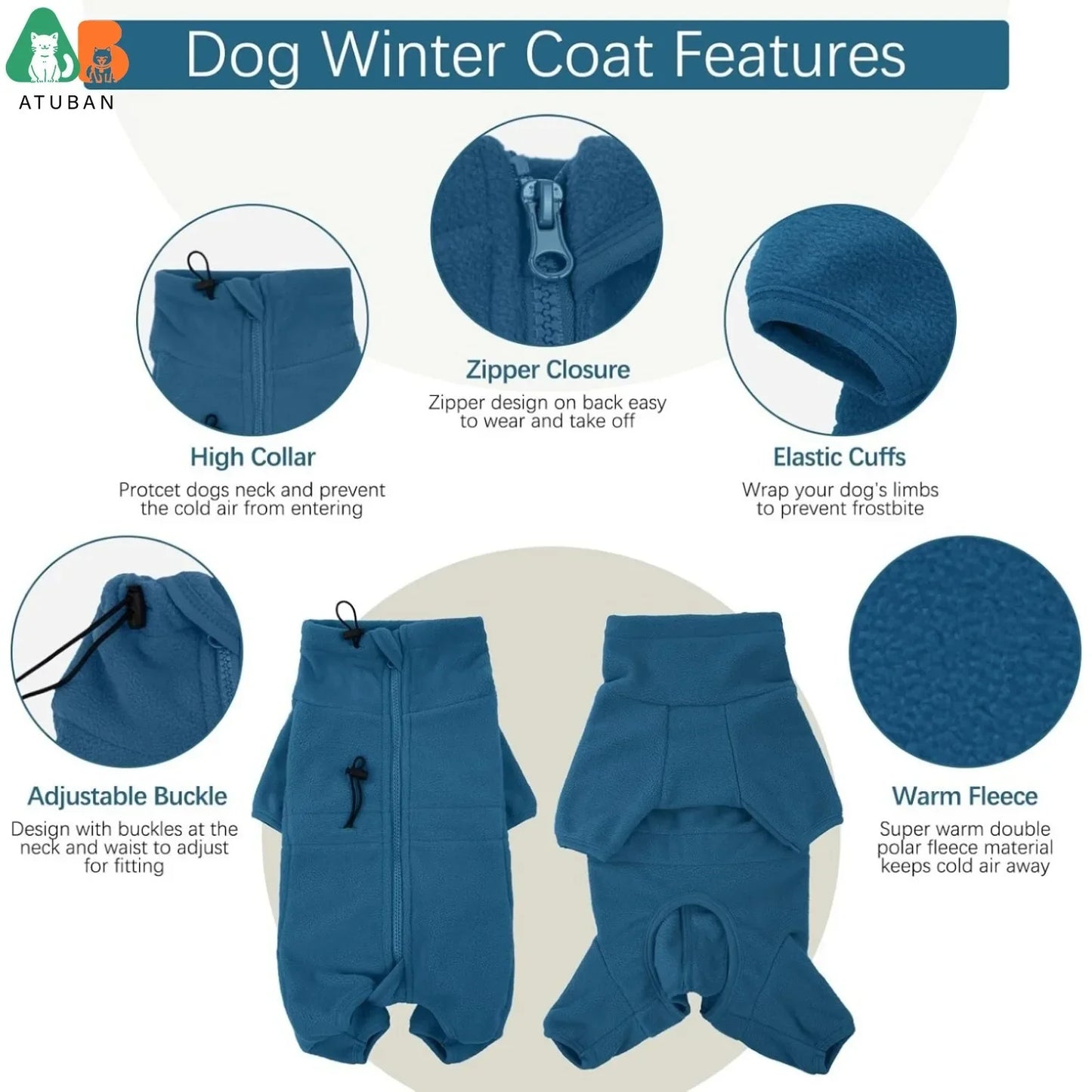 ATUBAN Dog Winter Coat Soft Fleece Pullover Pajamas, Pet Windproof Warm Cold Weather Jacket Vest Cozy Jumpsuit