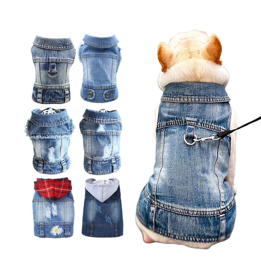 Retro Designer Pet Clothes for Small Dogs, Handsome Puppy Denim Jacket, Durable Jeans Vest Four Seasons Universal