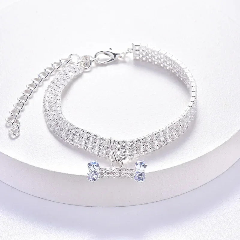 Adjustable Pet Necklace Collar w/ Diamond Zircon Bone Pendant Jewelry