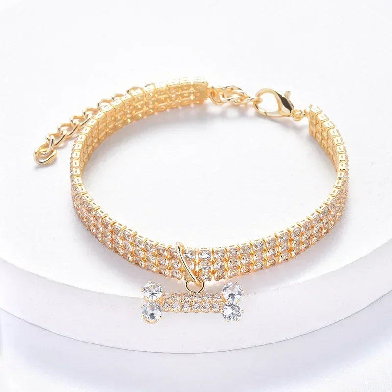 Adjustable Pet Necklace Collar w/ Diamond Zircon Bone Pendant Jewelry