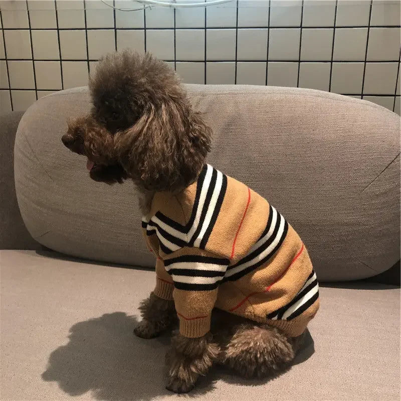 Brown Striped Cardigan for Pet, Knitted Sweater, Teddy, Puppy, Kitten, Fall, Winter