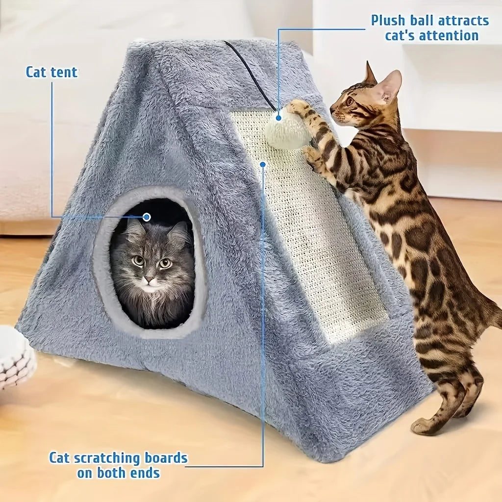Bed suitable for cats under 15 pounds with plush toy ball and scratching board
