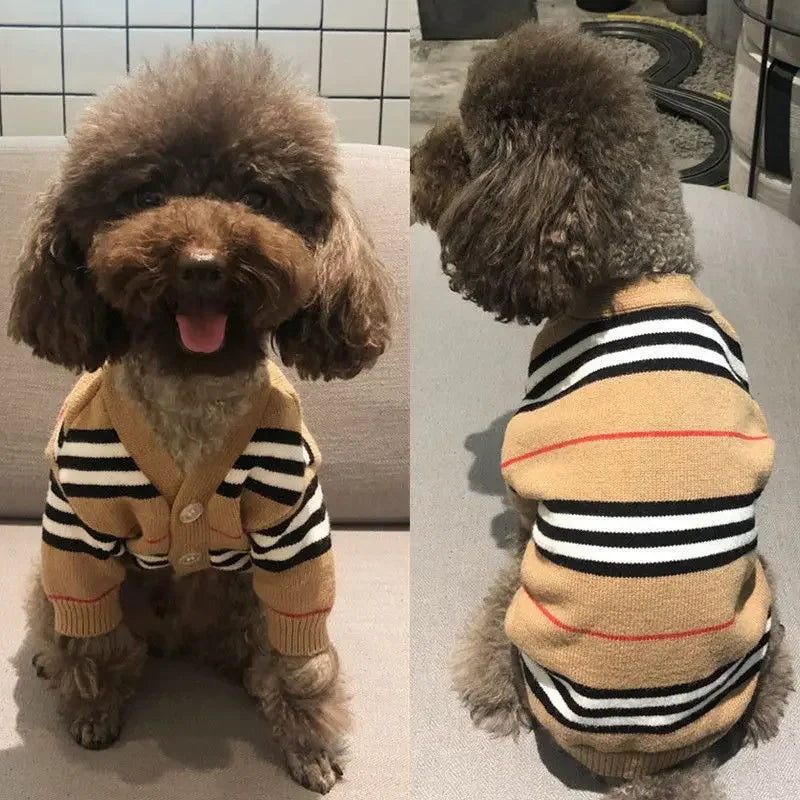 Brown Striped Cardigan for Pet, Knitted Sweater, Teddy, Puppy, Kitten, Fall, Winter