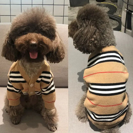 Brown Striped Cardigan for Pet, Knitted Sweater, Teddy, Puppy, Kitten, Fall, Winter