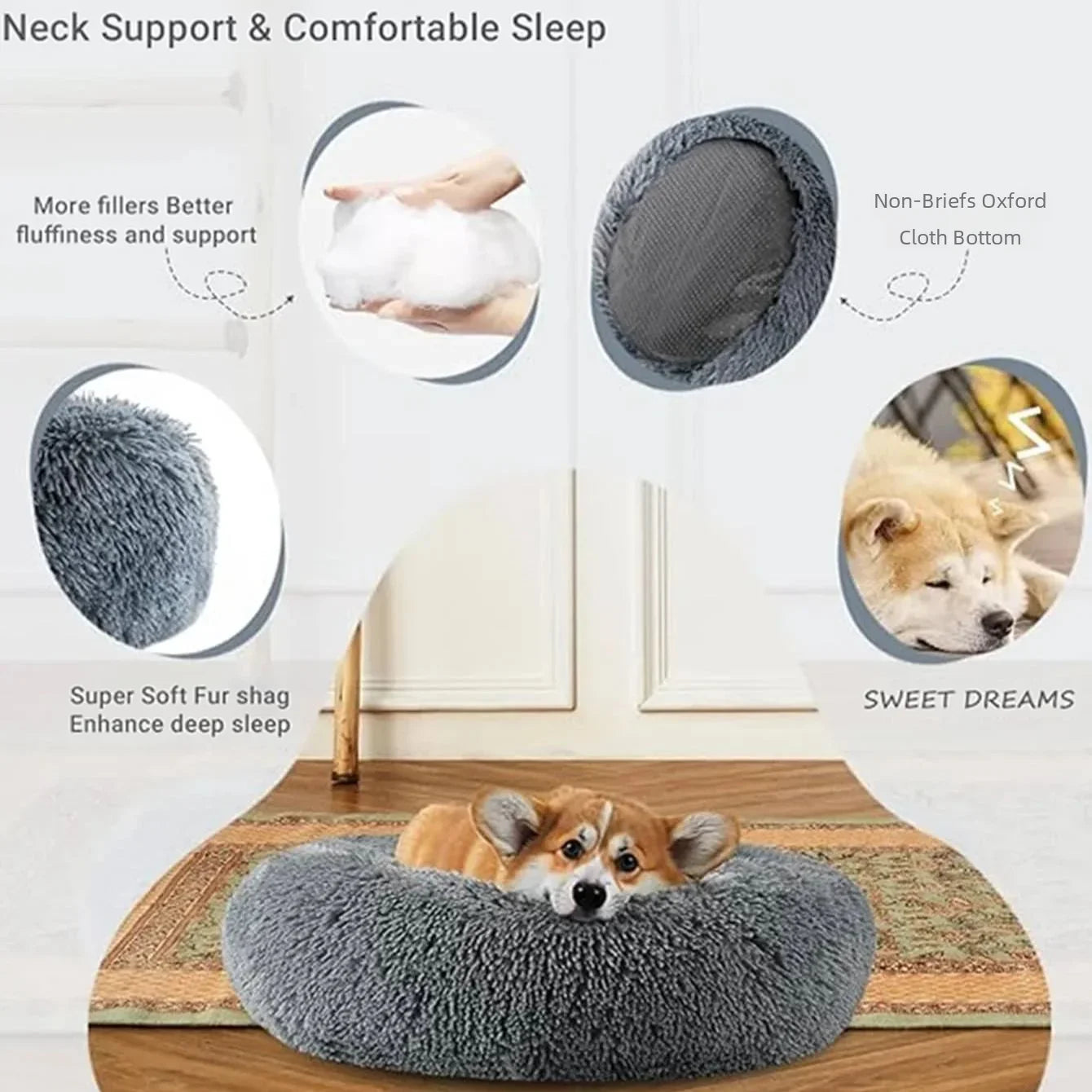 40-90cm Round Pet Bed for Large Dog, Super Soft Cat Long Plush Bed for Winter Warm Sleeping