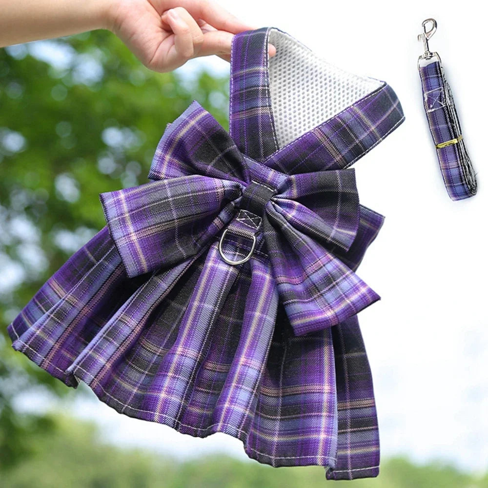 Dog Collar Dress Bow Pet Harness Skirt Vest with Leash