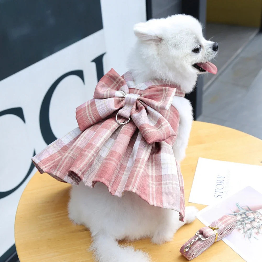 Dog Collar Dress Bow Pet Harness Skirt Vest with Leash