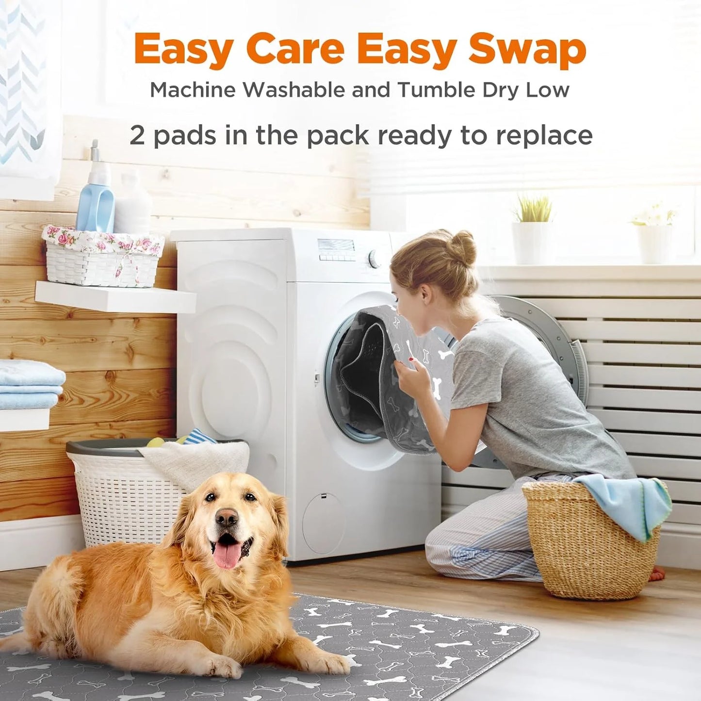 Washable Dog Pee Pads, 2 Pieces 18inchx24inch / 34inch X 36inch Reusable, Absorbent Bone Print