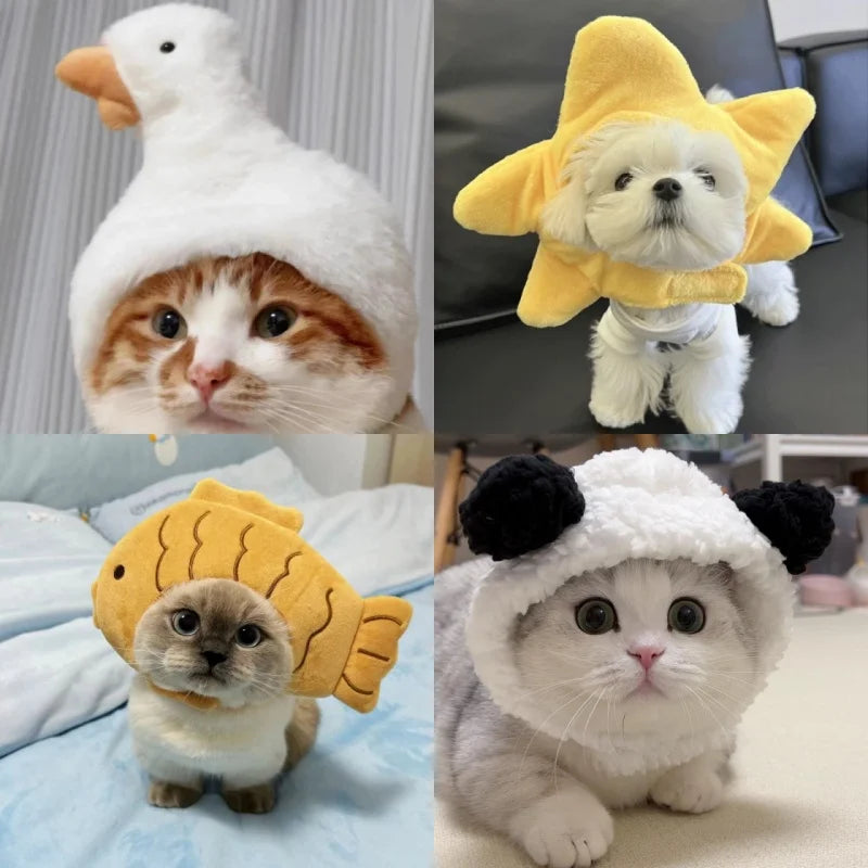 Funny Pet Headband Plush Yarn Cat Dog Cap Panda Pig Pet Warm Pet Hat Chick