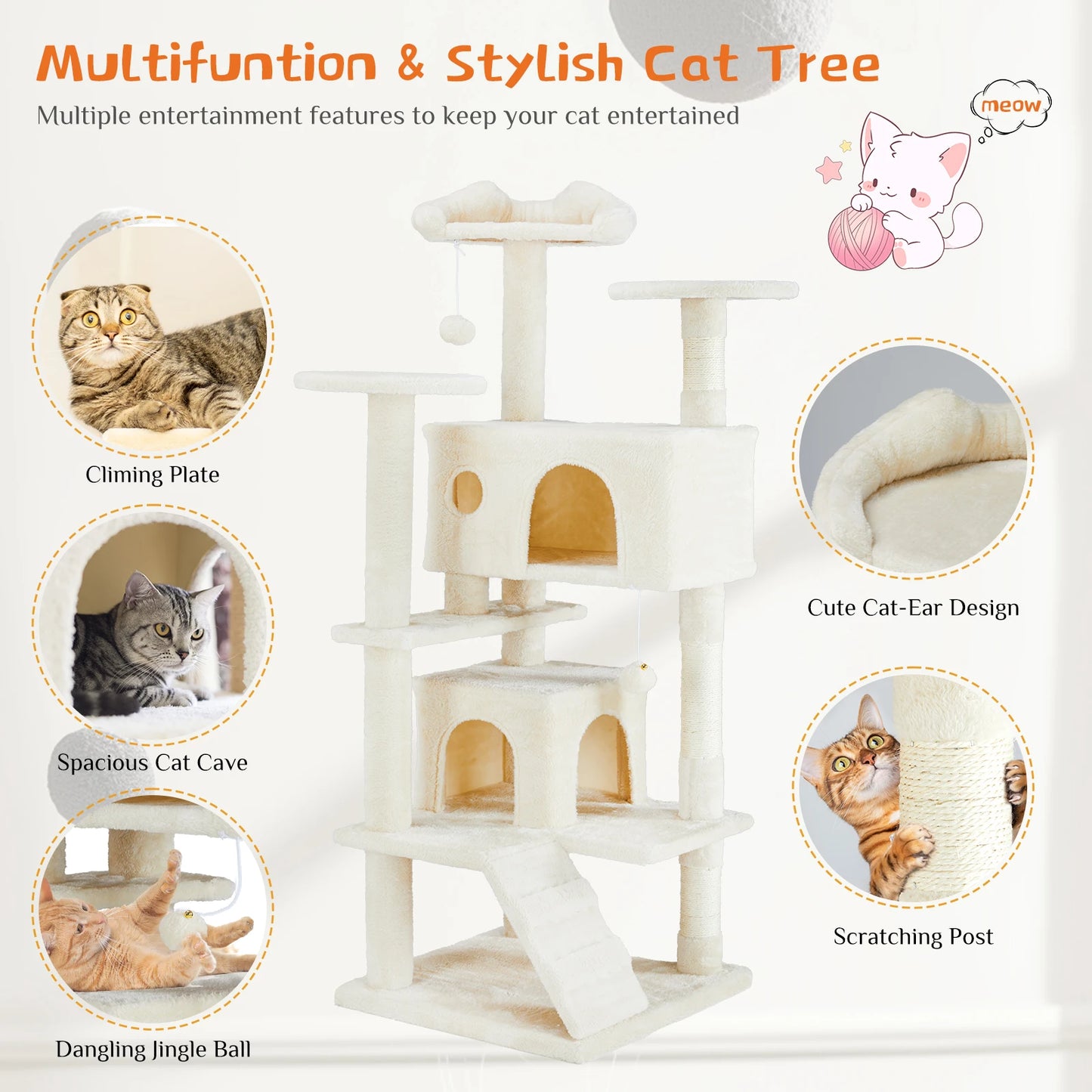 54in Tall Multi-Level Cat Tree Tower w/ Scratching Post