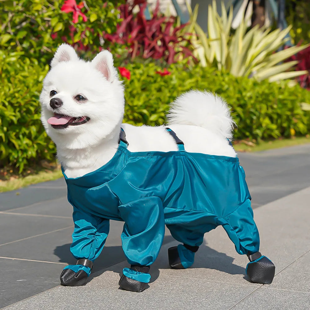 Waterproof Dog Boots with Suspenders Adjustable, Anti-Fall Puppy Shoes Pet Jumpsuit Waterproof Raincoat
