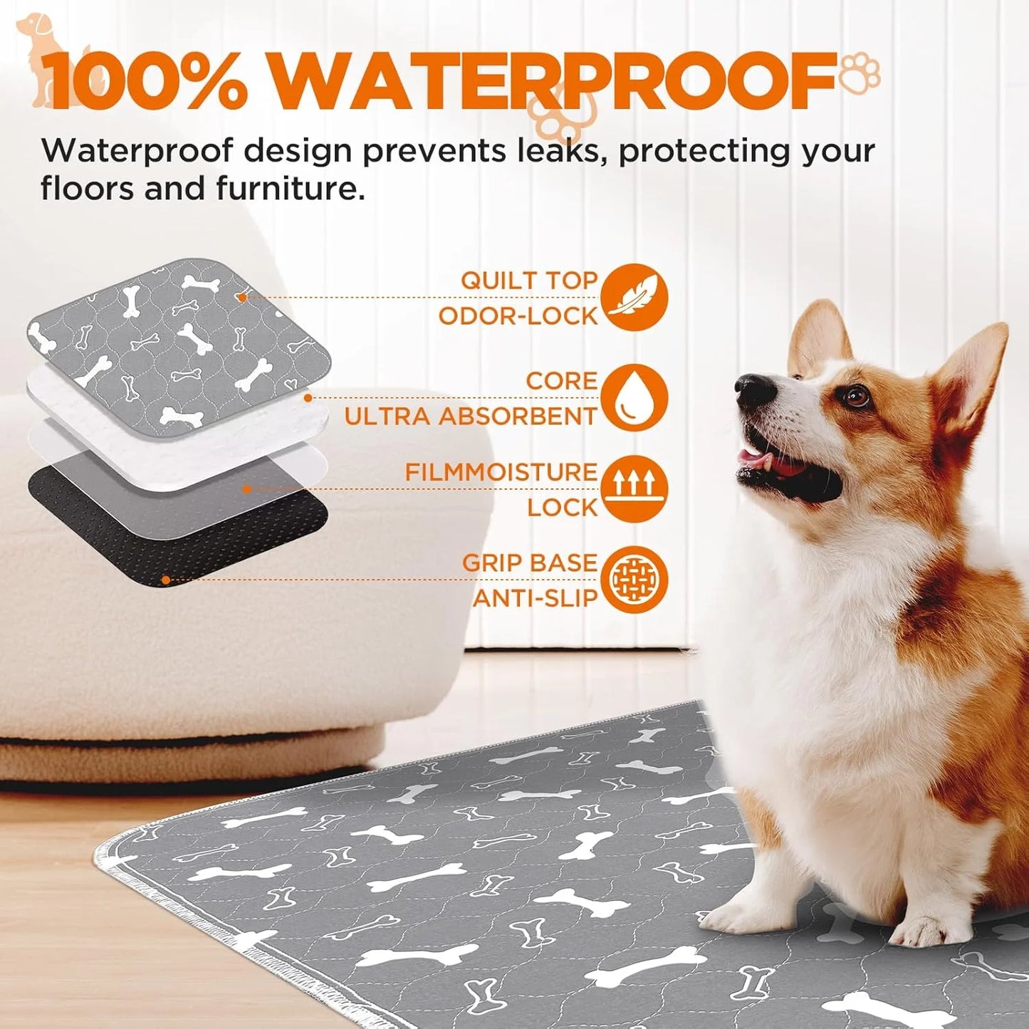 Washable Dog Pee Pads, 2 Pieces 18inchx24inch / 34inch X 36inch Reusable, Absorbent Bone Print