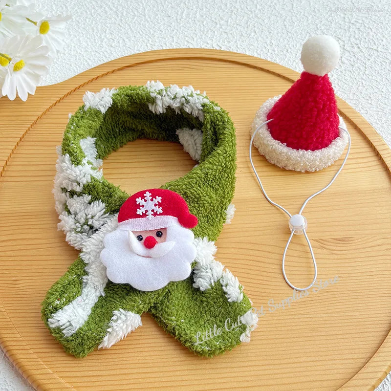 Christmas Cat Collar Red Pet Christmas Scarf or Green Wool Warm Scarf Santa's Hat