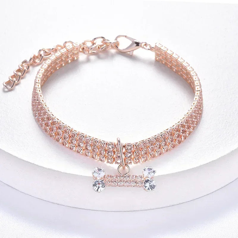 Adjustable Pet Necklace Collar w/ Diamond Zircon Bone Pendant Jewelry